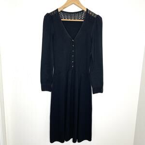 St John Santana Knit Long Sleeve Dress Womens 4 Black Open Weave Gold Buttons